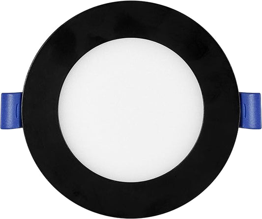 Maxxima 4 in. 5CCT Ultra Thin Recessed LED Downlight - Color Temperature Selectable 2700K/3000K/3500K/4000K/5000K, 700 Lumens, Dimmable Light Fixture with Black Trim, Canless with J-Box Included