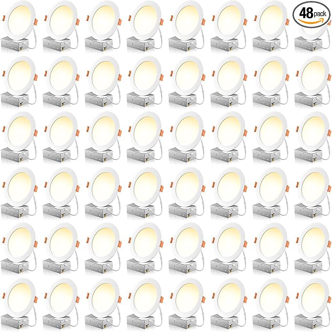 48 Pack 6 Inch 5CCT Ultra-Thin LED Recessed Ceiling Light with Junction Box, 2700K/3000K/3500K/4000K/5000K Selectable, 1050LM Brightness, Dimmable Canless Wafer Downlight, 12WEqv110W ETL&FCC