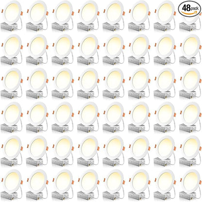 48 Pack 6 Inch 5CCT Ultra-Thin LED Recessed Ceiling Light with Junction Box, 2700K/3000K/3500K/4000K/5000K Selectable, 1050LM Brightness, Dimmable Canless Wafer Downlight, 12WEqv110W ETL&FCC