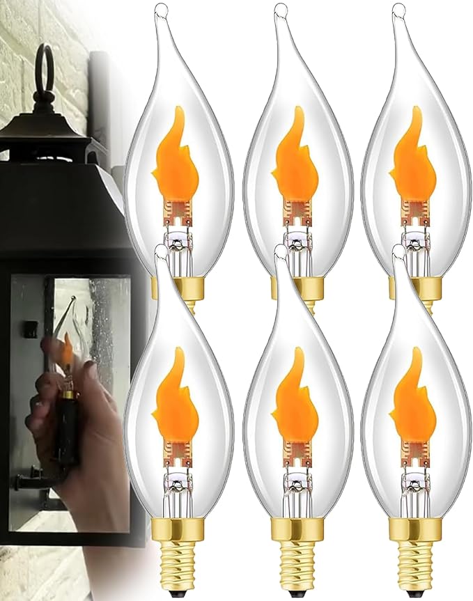Flickering Flame Light Bulbs -Perfect Ambiance for Halloween Christmas, E12 LED Flickering Candelabra Bulb, Realistic Flame Effect, 2700K, 3W Energy-Efficient (E12*6pcs)