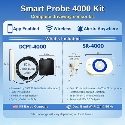 Dakota Alert Smart Probe 4000 Driveway Alarm – Vehicle Detection Sensor with SR-4000 Wi-Fi Smart Receiver, Smartphone App Alerts, 1 Mile Wireless Range, Driveway Vehicle Sensor, No False Alerts