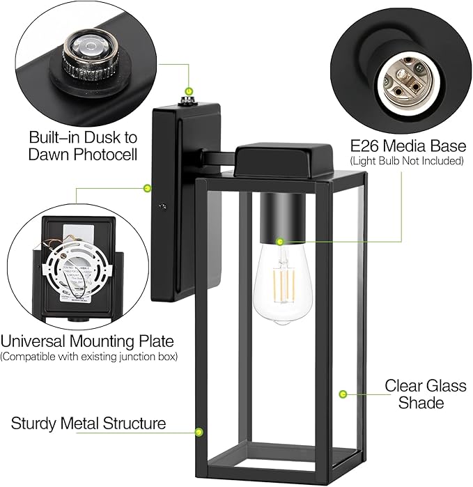 Large Outdoor Wall Light, 16 Inch Outdoor Wall Lantern, Dusk to Dawn Exterior Waterproof Wall Sconce, Anti-Rust Wall Mounted Lighting with Glass Shade, Matte Black Wall Lamp with E26 Socket for Porch