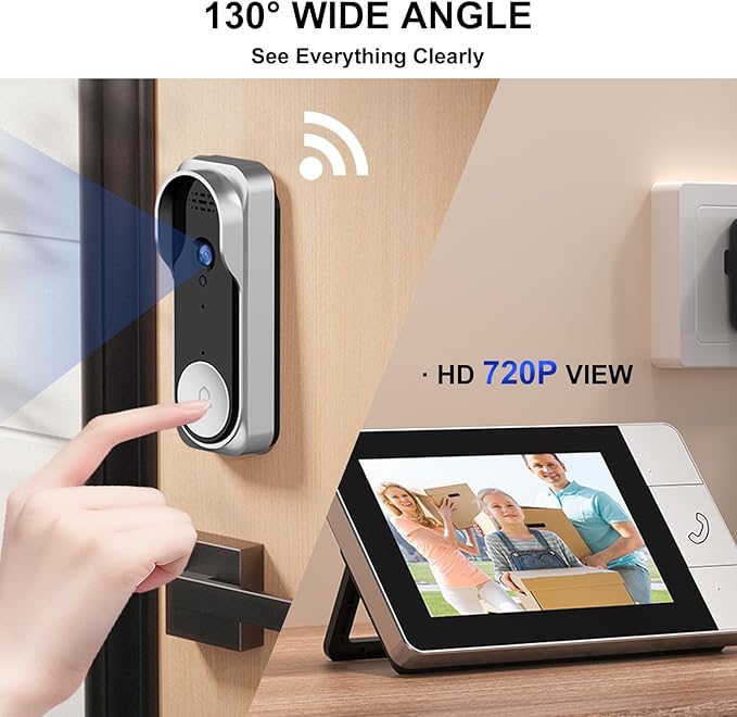 Wireless Video Doorbell, 130° Wide Angle, Infrared Night Vision, Two-Way Audio, No WiFi Needed, Supports Local SD Card Recording