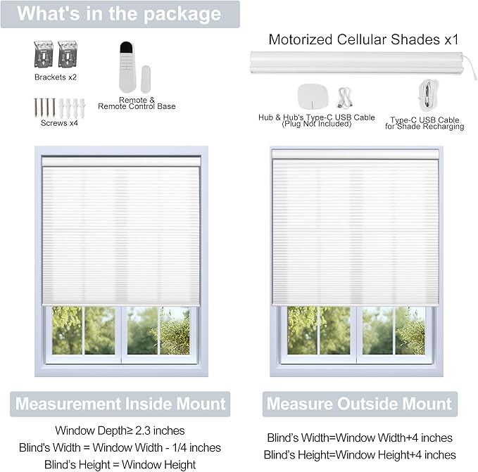BERISSA Motorized Cellular Shades, Light Filtering Smart Honeycomb Blinds with Remote Control & Hub, Custom Room Darkening Automatic Cellular Window Blinds for Home Office, Living Room, Door,White