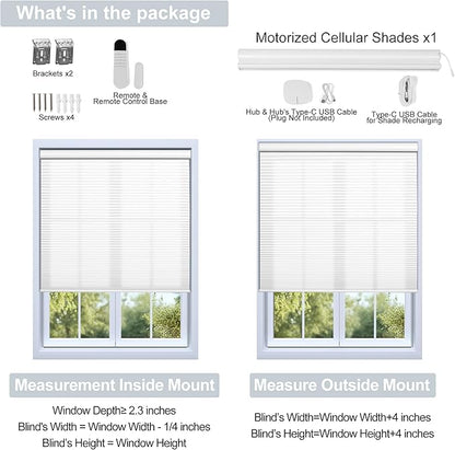 BERISSA Motorized Cellular Shades, Light Filtering Smart Honeycomb Blinds with Remote Control & Hub, Custom Room Darkening Automatic Cellular Window Blinds for Home Office, Living Room, Door,White