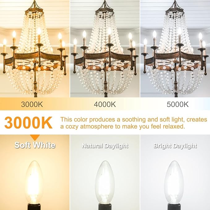 Cotanic E12 LED Bulb Dimmable 3000K Soft White, LED Candelabra Bulbs 60Watt Equivalent, Small Base Type B Light Bulbs, Candle Shape Chandelier Light Bulbs Clear Glass, 600LM, 24 Pack