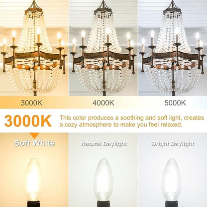 Cotanic E12 LED Bulb Dimmable 3000K Soft White, LED Candelabra Bulbs 60Watt Equivalent, Small Base Type B Light Bulbs, Candle Shape Chandelier Light Bulbs Clear Glass, 600LM, 24 Pack