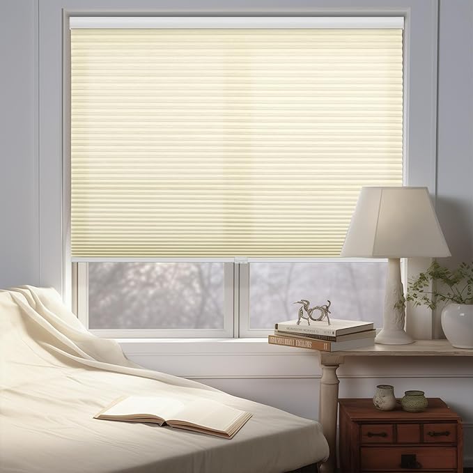 Changshade Custom Size Cellular Window Blinds Cordless, Light Filtering Pleated Honeycomb Shades, 1.5 inch Single Cell Cellular Shades for Bedroom, Bathroom, French Door, Beige, JZCMC-CEL-BG-D