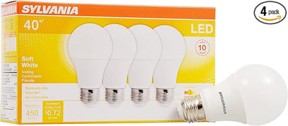 Sylvania LED Light Bulb, 40W Equivalent A19, Efficient 6W, Medium Base, Frosted Finish, 450 Lumens, Soft White (74079) (Pack of 1, 4 Count Total)