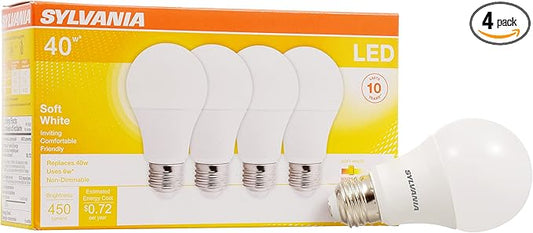 Sylvania LED Light Bulb, 40W Equivalent A19, Efficient 6W, Medium Base, Frosted Finish, 450 Lumens, Soft White (74079) (Pack of 1, 4 Count Total)