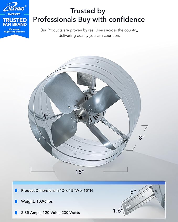iLiving ILG8G14-12T Automatic Gable Mount Attic Ventilator Fan with Adjustable Thermostat, 2.85 Amp, 2339 CFM, Single-Speed