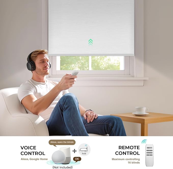 HeyBlinds Blackout Motorized Smart Blinds with Remote, Automatic Electric Shades for Windows (Moon Bay- White BO, 48" W x 72" H)