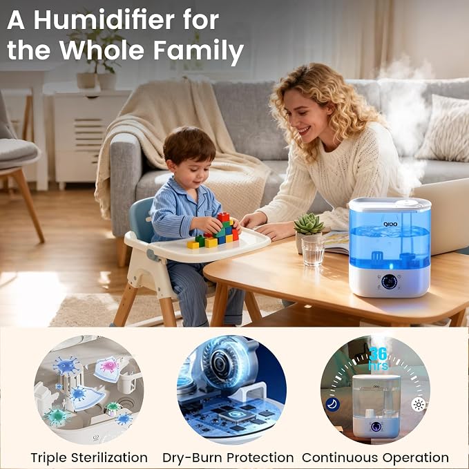 COMHOMA Humidifiers for Bedroom, 5L Top Fill for Large Room, 36H Runtime, 28 dB Quiet Cool Mist Air Humidifier for Baby Nursery, Plants, Indoor, APP/7-color Nightlight,Easy to Clean & Fill,Light White
