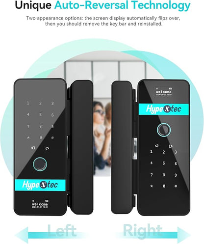 2026 No-Drill Smart Glass Lock for Frameless Doors,Auto-Reversal Keyless Entry Gate Locks with 5 Unlock Ways,Bluetooth App Control/Fingerprint/IC Card/Password/Keys,Home Office Business