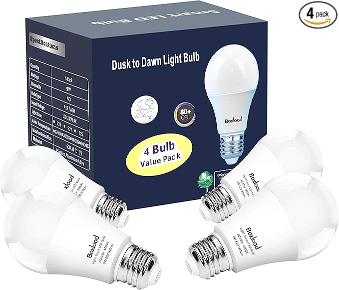 Dusk to Dawn Light Bulbs, 9W (100 Watt Equivalent) Automatic On/Off Light Sensor Bulb, Built-in Photocell Detector No Timer Required E26 A19 120V 6000K Cool White for Indoor Outdoor Yard Patio Garage