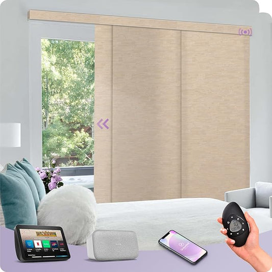 Graywind Rechargeable Smart Sliding Panels Compatible with Alexa Google Motorized Panel Track Blinds Remote Control for Patio Sliding Door Closet Door Width Up to 177" Custom Size (Jacquard Coffee)