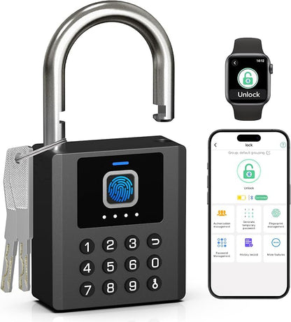 Heavy Duty Smart Padlock with Key, Fingerprint Biometric Combo Lock with Bluetooth APP, Waterproof Electronic Digital Lock for Gate Outdoor Fence Storage Unit Outdoor Fence Shed Gym
