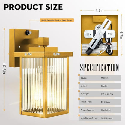 2 Pack Dusk to Dawn Outdoor Lighting, Waterproof Outdoor Porch Light with Tempered Glass, Outdoor Light Fixture for House Exterior Front Door Garage Patio (Gold Color)