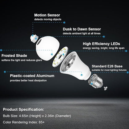 Motion Sensor Light Bulbs Dusk to Dawn 13W 100W Equivalent 1100lm Movement Activated Security LED Light Bulb 2700K Warm White, Auto On Off for Porch Garage Basement Hallway Closet, 4 Pack