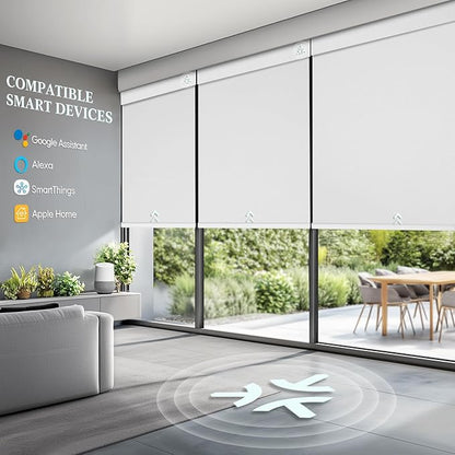 Motorized Blinds with Remote, Smart Blinds with Solar Panel, Cordless Blackout Automatic Shades with Matter Motor, White, 23×72