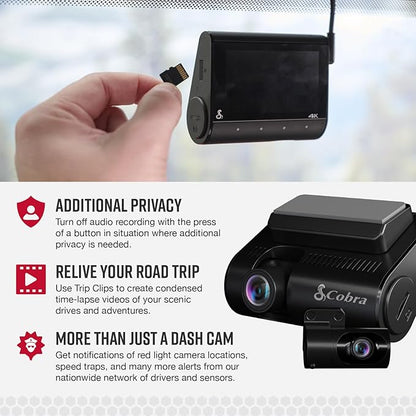 Cobra Smart Dual View Front and Rear Dash Cam (SC 250R) – True 4K Resolution, 360 Alerts, Parking Live View, Incident Reports, Emergency MayDay, 32 GB SD Card Included, CarPlay & Android Auto