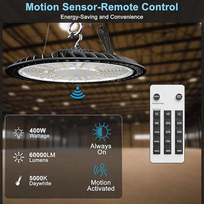 Lightdot 400W Smart High Bay LED Lights 60000LM UFO Lights with Controller (Supports Normal Mode & Motion Sensor Mode) ETL-Listed Plug and Play for 30-50FT Height Warehouse-4Pack (6Yrs Warranty)