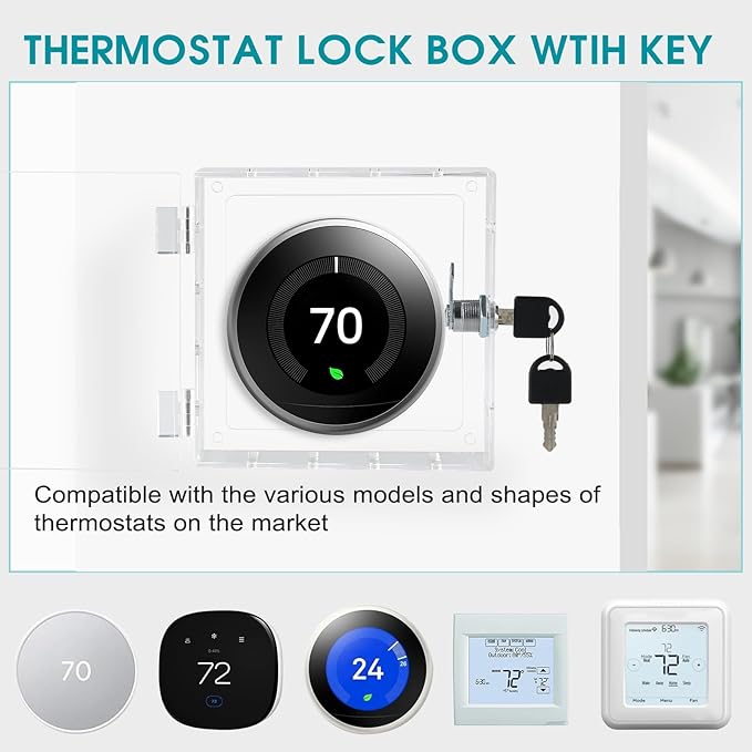SUTINE Thermostat Lock Box with Key, Universal Thermostat Cover with Lock, Small Thermostat Lock Box Guard, Clear AC Lock Box Compatible with Nest Thermostat On Wall 4.8" H x 4.53" W or Smaller