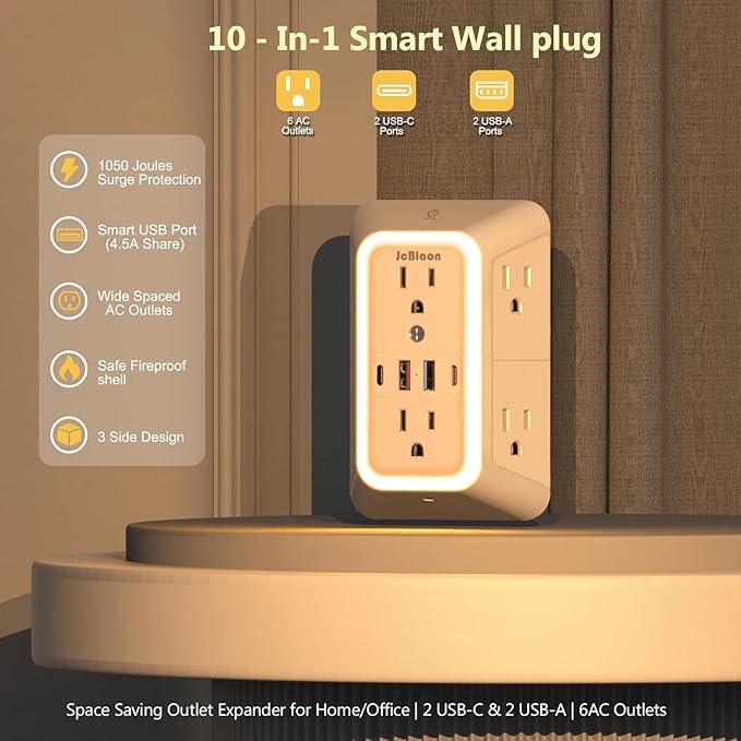 3 Pack Outlet Extender with Night Light, 6 Outlet Surge Protector Extender with 4 USB Ports (2 USB C), 3-Sided 1050J Multi Plug Wall Outlet for Home Office Dorm Room