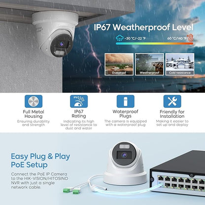 4K 8MP Color View Turret PoE IP Camera Outdoor with Smart Hybrid Light, Strobe Light & Audible Warning, AI VCA, Human/Vehicle Detection, 4K-25fps, 1/1.8" Sensor, F1.0 Aperture, 2-Way Audio, 130 dB WDR