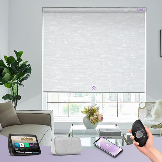 Graywind Motorized Roller Shades 100% Blackout Free Stop Window Shades Cordless Wireless Remote Control Window Roller Blinds with Valance for Smart Home and Office, Customized Size, Jacquard White