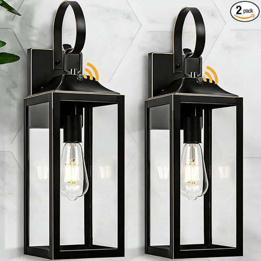 19" Dusk to Dawn Outdoor Lighting 2 Pack, Large Dusk to Dawn Outdoor Wall Lights, Black Sensor Porch Lights Outdoor Exterior Lighting Fixtures Wall Mount for House Garage -with Gold Trim