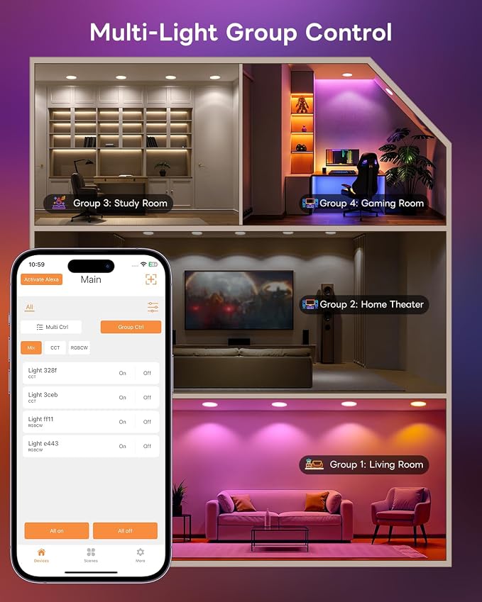 Smart Recessed Lighting 6 Inch, Color Changing LED Canless Recessed Lights | 16 Millions RGBCW Colors, 16W 1500LM Downlight, Compatible with Alexa, Voice & App Control with Junction Box, 12Pack