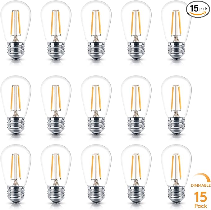 Brightech Ambience PRO Replacement LED Light Bulbs, 2 Watt Vintage LED Edison Bulbs, 2700K Soft White Dimmable Outdoor String Lights Bulbs, E26 Base - 15 Pack