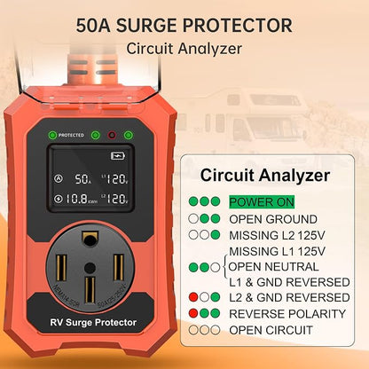 RV Surge Protector 50 Amp Waterproof- Smart 50Amp Power Protectors with Real-Time KWH, Voltage, and Current Monitor Screen, LED Display Circuit Analyzer for Camper Travel Trailer (Orange, 50 Amp)
