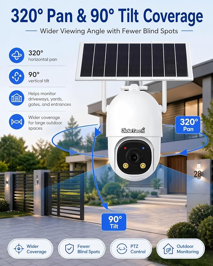 JideTech 24/7 Recording 4G LTE Cellular Security Outdoor Camera, No WiFi Always-On Video AOV PTZ Camera, 8W Solar Panel & 13500mAh Battery, Auto Tracking, Color Night Vision, Built in SIM Card