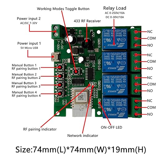 Jane Eyre 4 Channel Tuya Zigbee Smart Switch, Jog/Self-Locking/Interlock Relay DC/AC 7-32V with 433 RF Remote Control for use with Alexa Google Home (Requires Tuya ZigBee 3.0 Gateway Hub)