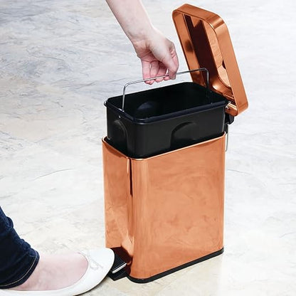 mDesign Small Modern 1.3 Gallon Rectangle Metal Lidded Step Trash Can, Compact Garbage Bin with Removable Liner Bucket and Handle for Bathroom, Kitchen, Craft Room, Office, Garage - Copper