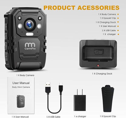 CammPro I826 1440P 2K HD Police Body Camera,64G Memory,Waterproof Body Worn Camera with Audio Recording,Night Vision,GPS for Law Enforcement