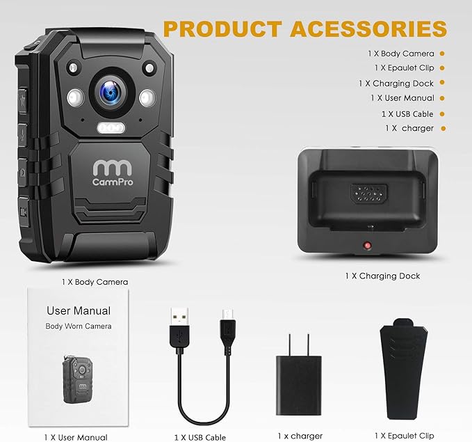 CammPro I826 HD Police Body Camera,128G Memory,Waterproof Premium Portable Body Worn Camera with Audio Recording Wearable,Night Vision,GPS for Law Enforcement (1440P)