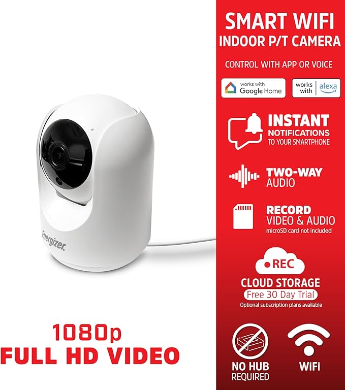Energizer Smart 1080p Indoor Pan & Tilt Wired Camera, Motion Tracking, Two-Way Conversation, Night Vision, Instant Notifications, Works with Google Home and Alexa, Night Vision, White