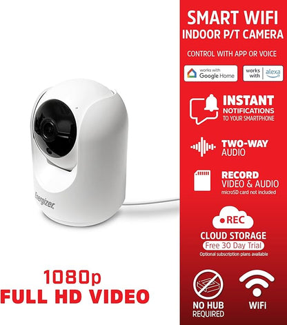 Energizer Smart 1080p Indoor Pan & Tilt Wired Camera, Motion Tracking, Two-Way Conversation, Night Vision, Instant Notifications, Works with Google Home and Alexa, Night Vision, White