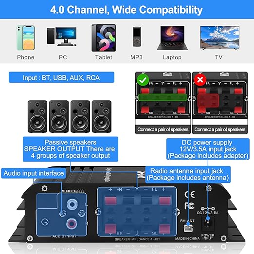 Stereo Audio Amplifier for Home Speakers S-288 Bluetooth 5.0 HiFi Mini Audio Component Amplifiers Receiver 4.0CH RMS 40Wx4 Max. 600W Integrated Power Amp W/USB,FM,Adapter