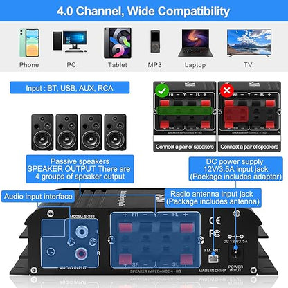 Stereo Audio Amplifier for Home Speakers S-288 Bluetooth 5.0 HiFi Mini Audio Component Amplifiers Receiver 4.0CH RMS 40Wx4 Max. 600W Integrated Power Amp W/USB,FM,Adapter