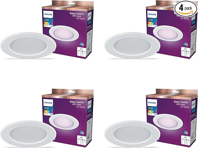 Philips Smart 5-6 Inch Retrofit Recessed Downlight 4-Pack, 1150 Lumens, LED Color Changing Lights, Connects to Wi-Fi, Control with Voice or App, Powered by WiZ Connected