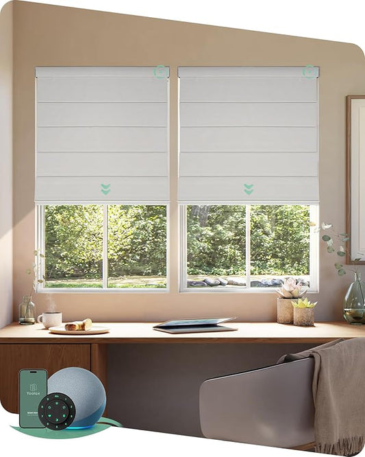 Yoolax Motorized Roman Shades with Remote, Smart Roman Shades for Indoor Windows, Blackout Automatic Blinds Work with Alexa, Google, Apple Homekit for Living Room Bedroom, Customized (Texture White)
