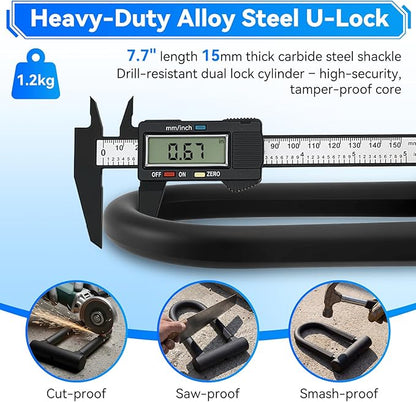 Bike U Lock with 113dB Alarm System, Heavy Duty Bike Lock with 4ft Security Cable & 17mm Shackle Bicycle Lock Mounting Bracket 3 Keys, IP65 Waterproof Anti-Theft U Lock for Electric Bikes, Scooter