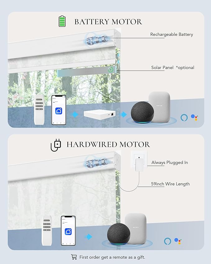 Motorized Light Filtering Shades Compatible with Alexa Google Smart Blinds Automatic Window Shade Remote Control 30% Blackout Foggy White