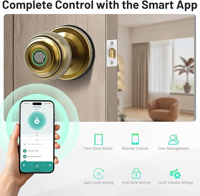 UMIKSMART Fingerprint Door Knob Lock, Smart Keyless Entry Door Knob with Tuya App Control & Auto-Lock, Backup Key, Easy Install for Home, Apartment, Office, Bronze