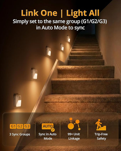 Lyridz Smart Sync Linkable Night Lights with 3-in-1 Charging Dock, Rechargeable Motion Sensor Nightlight, Dimmable Step Lights for Stairs, Hallway, Bathroom, Bedroom, Nursery, Pets, 3 Pack