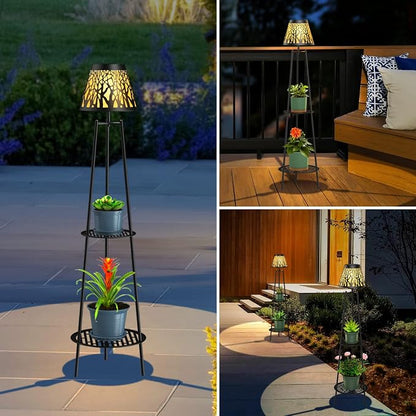 MXwcy 2-Tier Solar Plant Stand with Light, Outdoor Waterproof Floor Lamp with Tree Branch Cutout Lampshade, Tall Metal Planter Holder Display Rack for Patio, Porch, Garden, Balcony Decor (2 Pack)